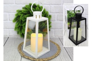 Lampion, latarnia szkło-plastik LED trapez z jedną swiecą mix biały i czarny 34x13 cm